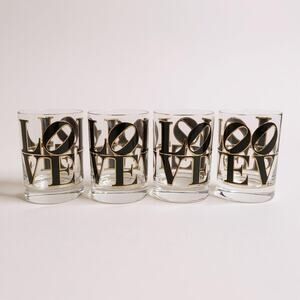 CERA MCM Glass Old Fashioned Rocks Glasses Cocktail Black & Gold 'LOVE' Set of 4